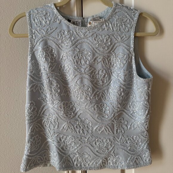 Vintage Blacktie Oleg Cassini Satin Blue Beaded Sleeveless Top Size 8P - Picture 1 of 6